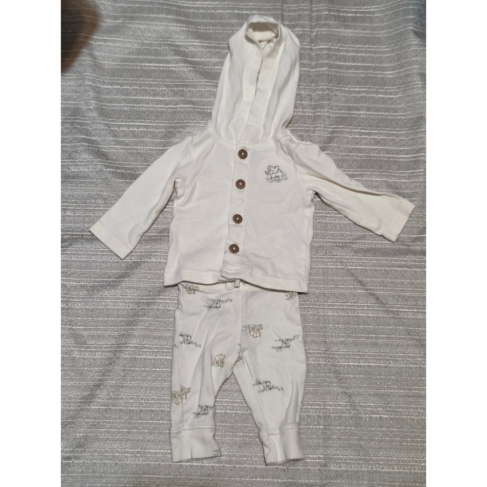 Carters Baby Boys 3M Elephant Tiger Hooded Top and Pants Set Cream Cotton